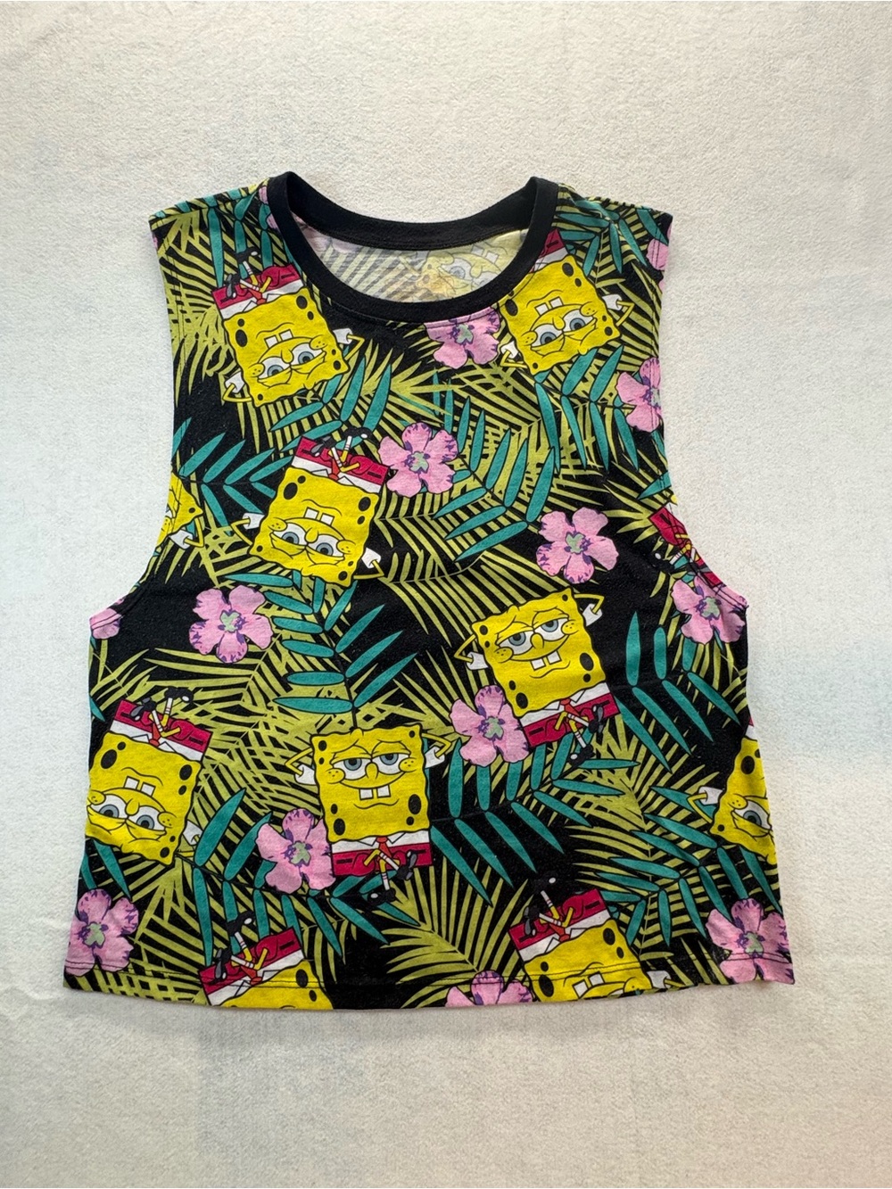 SpongeBob SquarePants Tropical Floral Crop Tank Top Women’s Size L Sleeveless